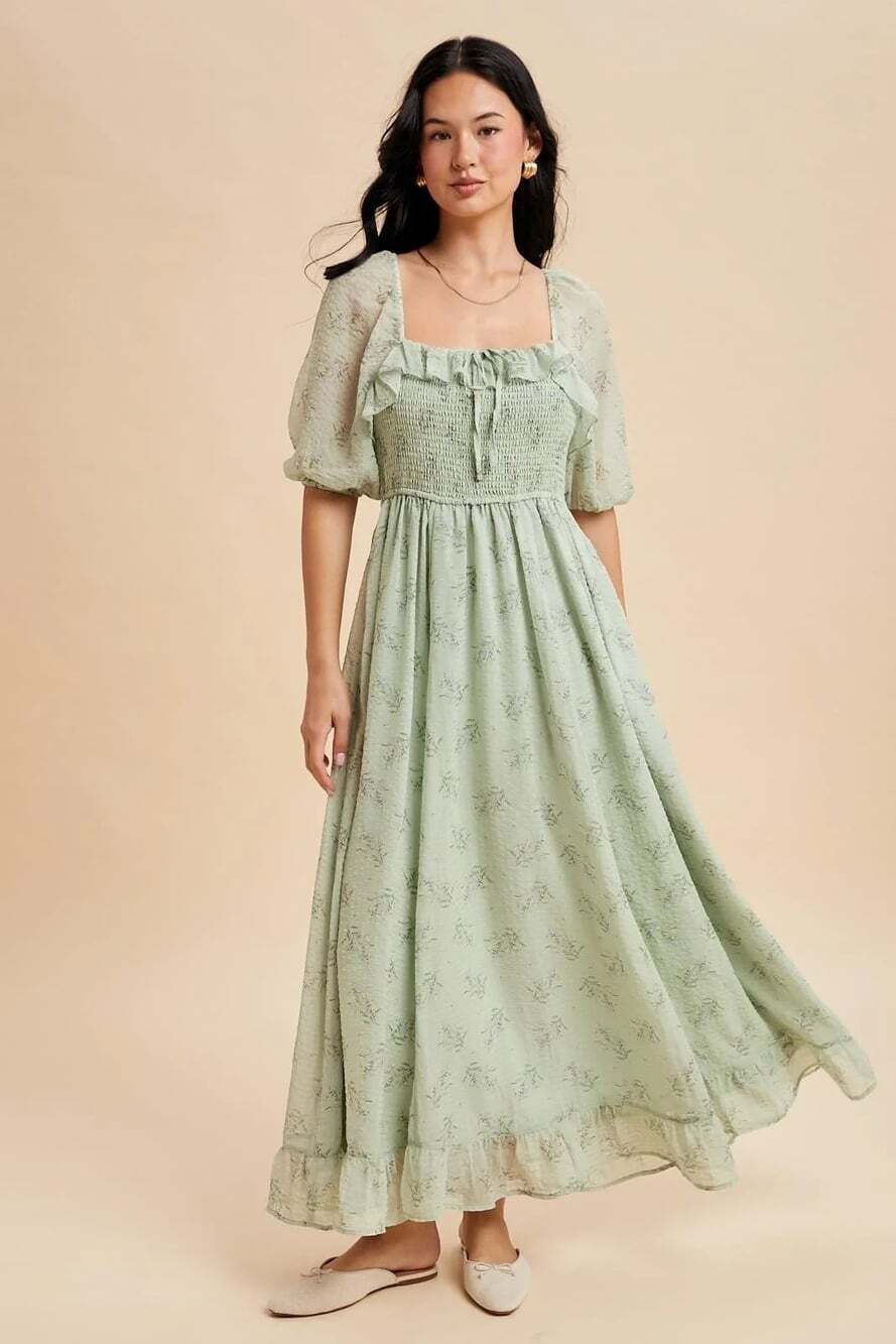 In Loom Size Small Sage Floral Chiffon Puff Sleeve Smocked Ruffle Maxi Dress NWT